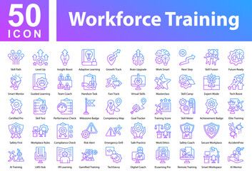 Workforce Training Collection of Icons with Outline Gradient. Containing: Skill Path  ,Level Up  ,Insight Boost  ,Adaptive Learning  ,Growth Track  ,Brain Upgrade  ,Work Smart  ,Next Step 
