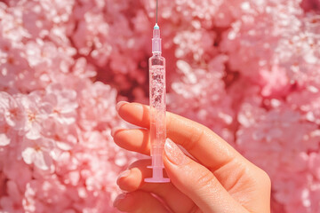Hand holding syringe filled with clear liquid against pink flower background