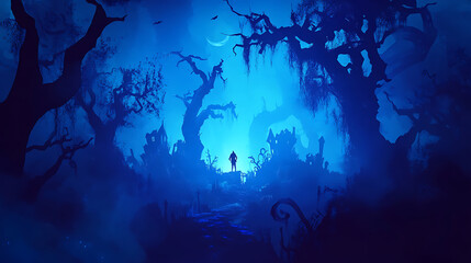 Obraz premium Eerie blue halloween landscape with a silhouette of a figure standing on a path leading to spooky castles under a crescent moon and bats