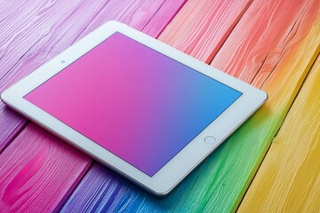 White tablet with a colorful gradient screen resting on a rainbow-colored wooden surface