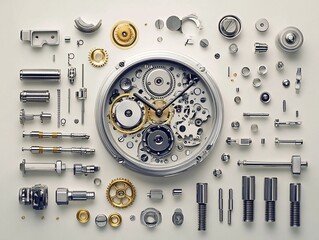 Intricate Arrangement: A Detailed Display of Clockwork Components and Horological Engineering