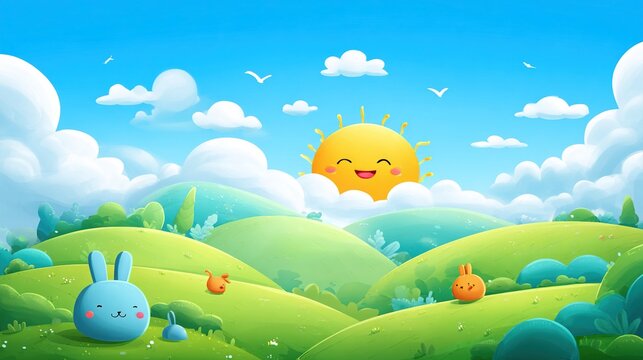 Fantasy cartoon landscape with bright blue sky and fluffy white clouds covering green rolling hills, happy smiling sun face and friendly animals like rabbits and birds in bright colors.