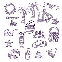 Hand-drawn summer line art set tropical vacation icons. Sketch collection. For coloring pages, stickers, cards, or design projects. Vector illustration