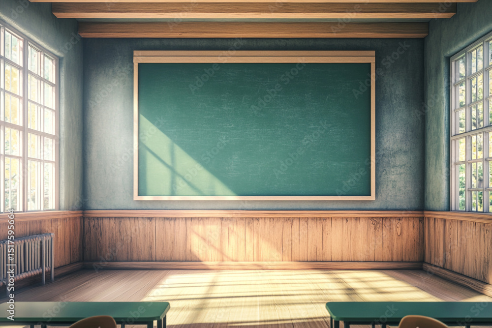 Poster empty classroom with large chalkboard and sunlight streaming through windows