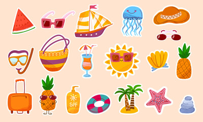Summer sticker set with fun cartoon icons. Cute elements for summer beach relax, travel, holiday, vacation. Perfect for planners, cards, prints, or kids designs. Vector illustration