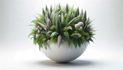 Botanical Harmony: A close-up, artistic studio shot of vibrant green plants elegantly arranged within a modern, spherical ceramic pot, creating a serene botanical composition. 