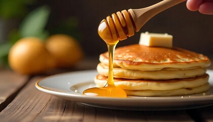 a spoon drizzling golden honey over a towering stack of fluffy golden brown pancakes on a rustic wooden table, Honey Drizzled Over Golden Pancakes In Rustic Bowl, created with generative ai