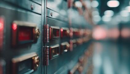 A close-up shot of numerous metallic compartments with small, illuminated indicators, suggesting a secure storage system in a dimly lit environment.  Depth of field emphasizes the near compartments