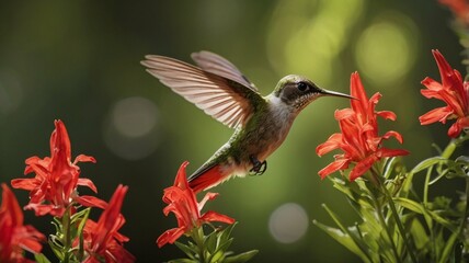 Hummingbird Feeding on red cardinal flowers in Garden Nature Scene