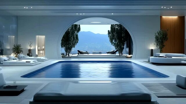 Luxurious indoor pool with panoramic views. Large open-plan living space with a stunning view