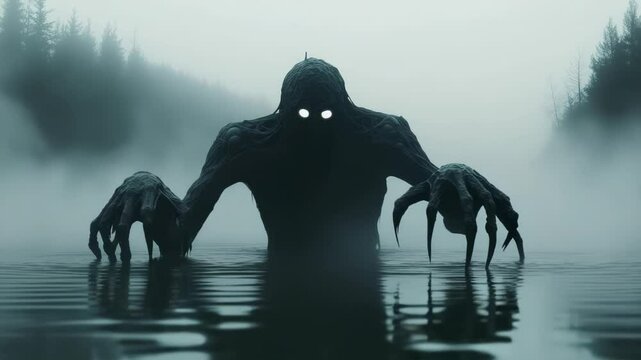 Mysterious creature rising from the lake in a foggy forest eerie and unsettling atmosphere