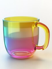Un bicchiere di vetro con manico, trasparente e colorato. Sfondo bianco