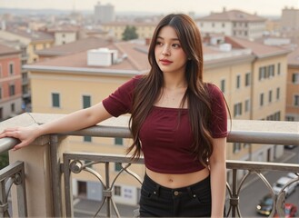 Mediterranean style inspiration female maroon cropped top black shorts poses in sunlit Italian village