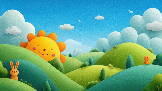 Fantasy cartoon landscape with bright blue sky and fluffy white clouds covering green rolling hills, happy smiling sun face and friendly animals like rabbits and birds in bright colors.