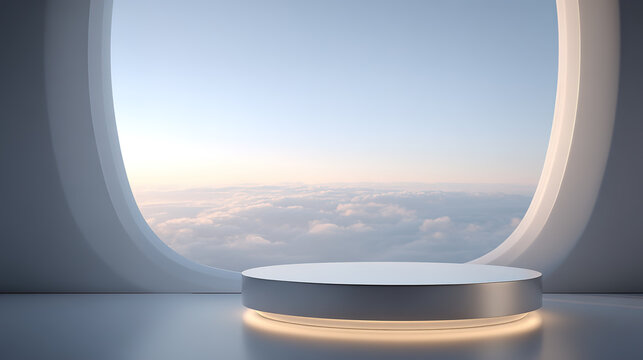 Minimalist product display stand against the background of the cabin window