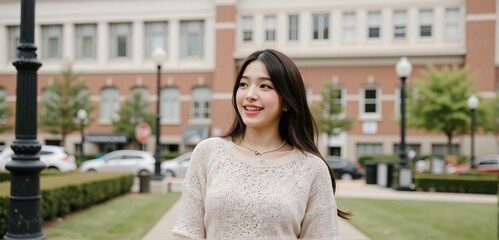 Modern street style visual woman messy top knot smiling in crop top denim skirt downtown park tilted framing advertising campaign
