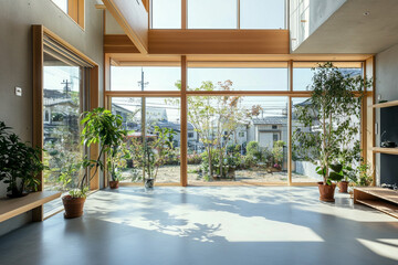 Fototapeta premium Sunlit minimalist interior design with large windows showcasing a lush green backyard and potted plants