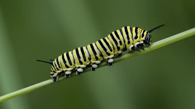 Close-Up Video of a Monarch Caterpillar Crawling on a Leaf with a Green Natural Background