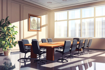 Sunlit modern office conference room with large window and wooden table