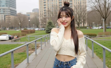 Modern street style visual woman messy top knot smiling in crop top denim skirt downtown park tilted framing advertising campaign