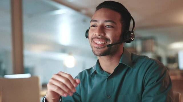 Headset, man and customer service agent in office at night for help desk, support or translation. Mic, lead generation and male call center consultation with online multilingual query in workplace.