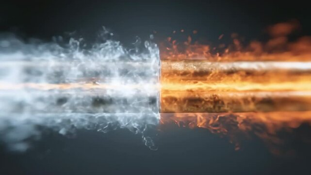 Two adjacent pipes emitting cold and hot air respectively create a vortex of smoke, suggesting a concept of contrasting forces or a thermal exchange process