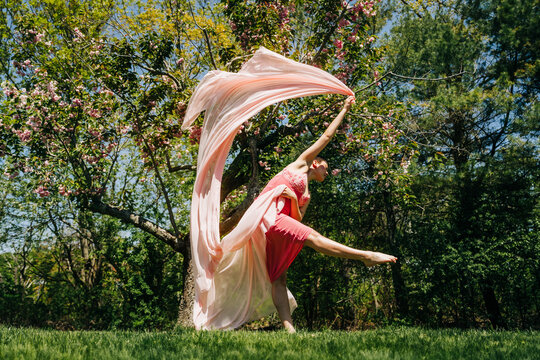 Woman in pink dress leaps with flowing fabric under cherry tree