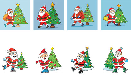 Cheerful Santa Claus With Gift Bag And Christmas Tree Cartoon Illustration Set