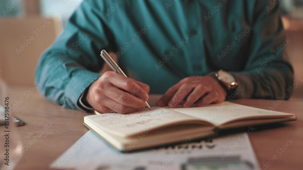 Aufkleber Writing, notebook and hands of business person with pen for information, research and document. Feedback, ideas and man with project schedule, problem solving and brainstorming review in office