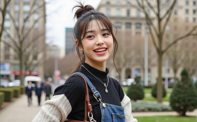 Youthful energy radiates from woman in cropped sweater jeans skirt playful pose urban park unique downward camera angle stock image