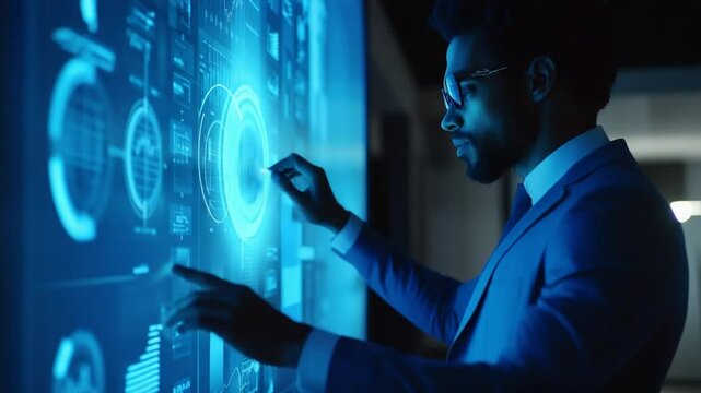 African American businessman interacting with augmented reality interface futuristic display