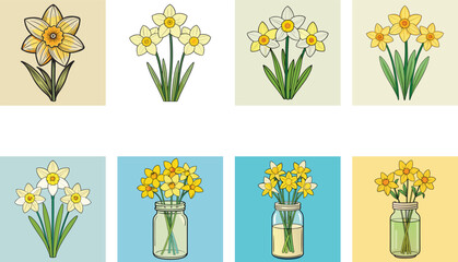 Daffodil Flower Vector Illustrations In Bouquets And Mason Jars Design Elements