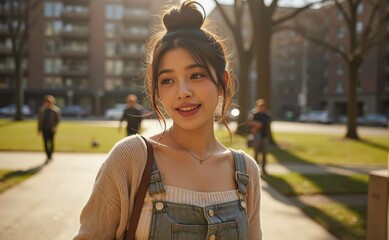 Casual fashion shoot of pretty woman messy updo wearing knit crop top denim skirt downtown green space dynamic composition commercial