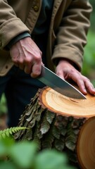 Man is cutting a log with a knife. The knife is silver and the log is brown