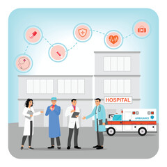 Medical Professionals Waiting Patients Standing front of Clinic Building.