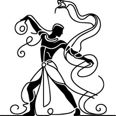 Ancient Egyptian woman dancing with snakes in a stylized illustration  