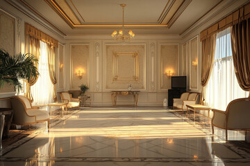Luxurious living room sunlit interior elegant design gold accents marble floor