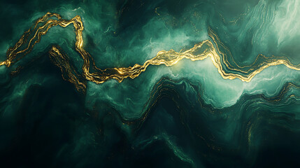 Dynamic abstract graphic with flowing green and golden light waves and scattered shimmering particles on a deep background, perfect for technology themes