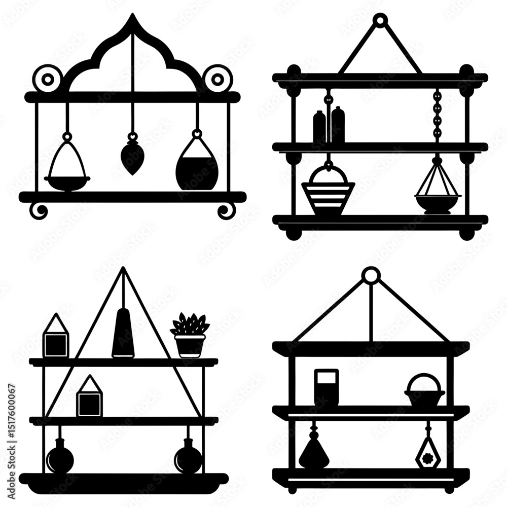 Poster illustration of four decorative hanging shelves each with a different design and various items displ