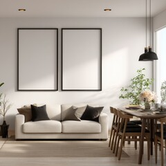 Modern minimalist interior, two framed prints on white wall, light beige sofa, wooden dining set