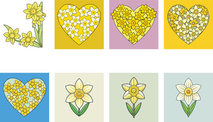 Cute Daffodil Flower Assortment With Hearts And Floral Corner Decorative Border Elements