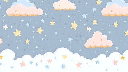 Charming night sky pattern with sleepy-eyed pastel clouds in pink, light blue, and white, accompanied by yellow and white stars on a soft blue hue