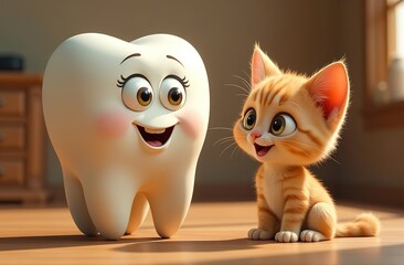Cartoon tooth figurine with eyes and mouth. The tooth is like in a cartoon with a cat. They are sitting on the floor and talking. They're happy. Dental services for children. dental treatment.