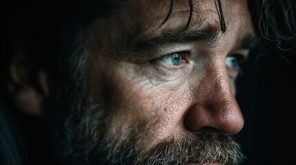 Fototapeta premium Close-up portrait of a man with a thoughtful expression. Detailed view of his face, eyes, and facial features