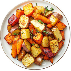 Roasted Root Vegetables with Thyme on a White Plate