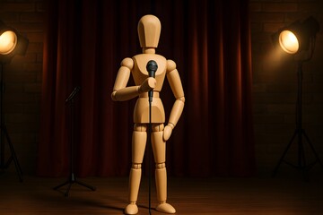 Wooden mannequin holding microphone on stage with spotlight effect