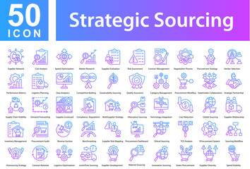 Strategy Sourcing of Icons collection with outline gradient. Containing: Nursing,Executive Coaching,Mechanical Engineering,Aerospace Engineering,Sustainable Agriculture,Curriculum,Content Creation
