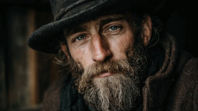 Close-up portrait of a man with a weathered face, deep-set eyes, and a long beard
