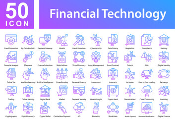 Fototapeta premium Financial Technology Collection of Icons with Outline Gradient. Containing: Fraud Prevention,Big Data Analytics,Payment Gateway,Wealth,Fraud Detection,Cybersecurity,Data Privacy,Regulation,Compliance