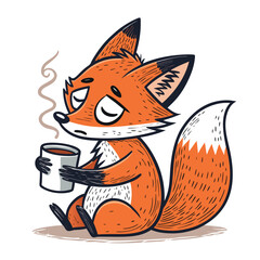 Create a digital painting of a cute, sleepy fox snuggling a warm coffee cup, isolated on a pure white background. The fox should appear drowsy and content.